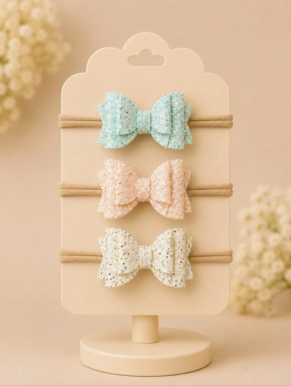 Handmade Baby Bow Headbands Set 3pc/Glitter Nylon Newborn Toddler Bows🎀✨